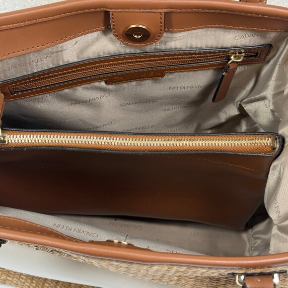 Calvin Klein Natural Straw & Brown White Leather Trim Tote Bag Canvas Raffia - Picture 2 of 8